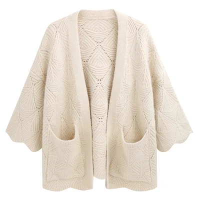 2024 Autumn Women's Loose V-Neck Cardigan Knitwear Cardigans Three Quarter Sleeve