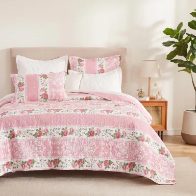 OEM ODM Soft Breathable Lightweight 3-Piece Polyester Quilt Set Queen Size 92x96 Floral Patchwork 2 Pillow Shams Oeko-tex Decor