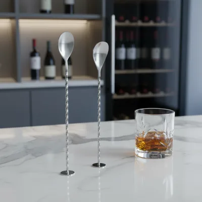 Vintage Stainless Steel Twisted Bar Spoon Reusable Portable Long Handle Mixing Spoon for Cocktail Bartender Stirring Flat End