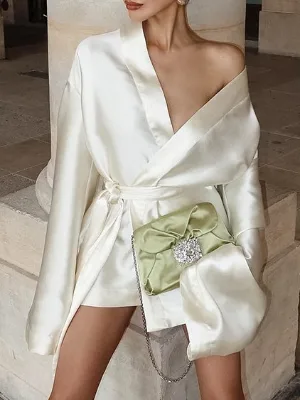 French niche sexy V-neck lace-up satin long-sleeved dress advanced sense of temperament dress skirt 2025 new female