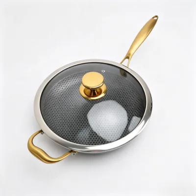 OEM/ODM Tri-ply Etching Stainless Steel Deep Fry Pan with Glass Lid and Golden Handles for Gas and Induction Stove