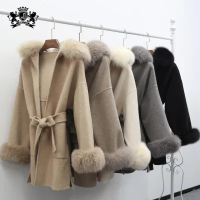 Women's Winter Warm Trench Luxury Outerwear for Weekend Getaway & Formal Occasions Elegant Fox Fur Hooded Cashmere Coat