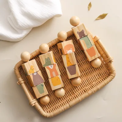 Safe Wooden Jigsaw Puzzle Multi-functional Rotatable Animal Shape Rattle Prehensile Baby Educational Toy