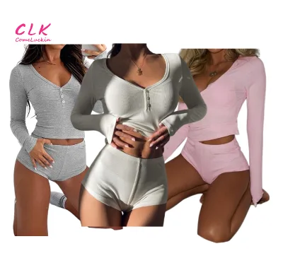 Women's sexy low cut V neck tight long sleeved top sporty style super shorts two-piece set casual 2 piece set for women