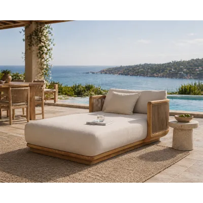 Modern Solid Teak Outdoor Daybed with Handwoven Rope Panels and Cushions