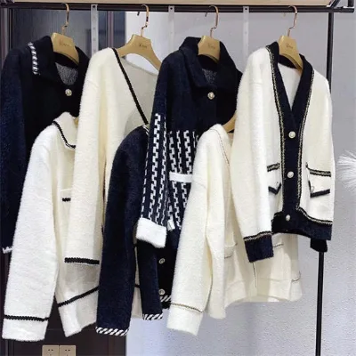 Mixed Wholesale Women's Long Wool Winter Cardigan Sweater Knitted Jacket with Jacquard Buttons External Pockets and a Hood