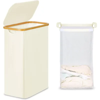 60L Waterproof Oxford Cotton Foldable Clothing Organizer Laundry Hamper Long Handles Magnetic Mesh Bag Removable Lid Storage