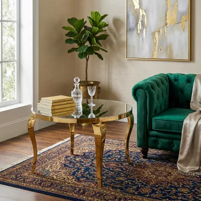 Luxury Gold Curved Leg Round Table Mirror Top, Living Room Coffee Table Hotel Banquet Side Table