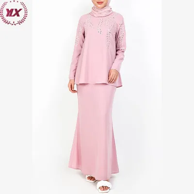OEM Latest Elegant Women Dresses Evening Malaysia Modern Islamic Clothing Muslim Brida Dress Pink Long Sleeve Lace Baju Kurung