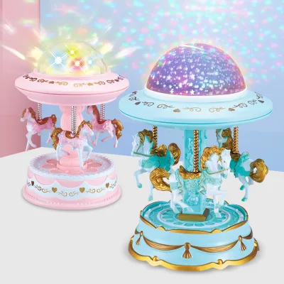 Creative Gift Rotating Carousel Music Box Projector Starry Night Light Cake Decoration