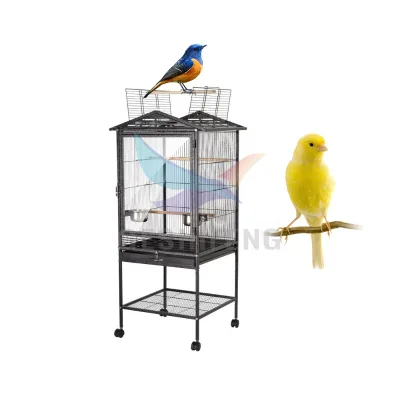 A Large Black Metal Birdcage with a Window on the Top