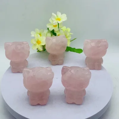 Wholesale Rose Quartz Hello Kitty Cat Carvings Healing Crystal Cats Statues for Gift