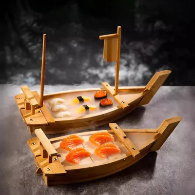 Oversized Japanese Sushi Boat Eco-Friendly Bamboo & Wooden Boat Sushi Tools with Rolling and Dry Ice for Lobster Cuisine