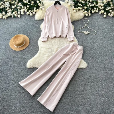 Women's Spring Fall Casual 2 Piece Tracksuit Set Half Zip Stand Collar Long Sleeve Sweatshirt Drawstring Wide Leg Sweatpants