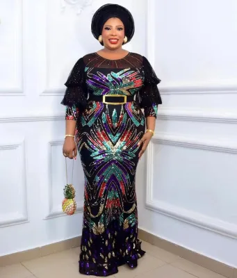 African Fashion Women Dress Mix Color Sequins Evening Dress Sequin Lace Dress Long Skirt with Stones
