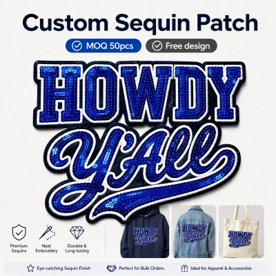 Custom Sequin Patches Wholesale "Howdy Y'all" Western Embroidered Badges for Apparel Accessories MOQ 50pcs Free Design