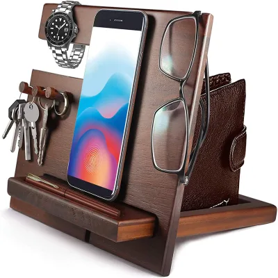 Wooden Mobile Cell Phone Holder Watch Holder Multifunctional Phone Table Wooden Docking Station