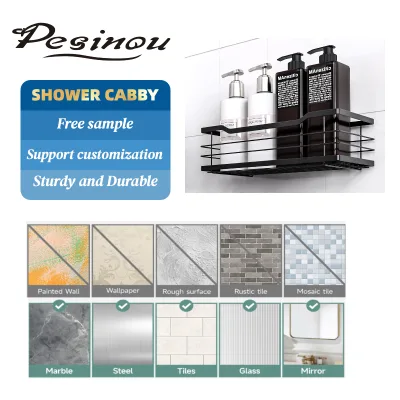 Shower Caddy Shelf Storage Rack Adhesive Without Drilling Stainless Steel Shower Caddy with Hooks for Washroom Bathroom Kitchen