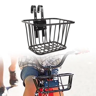 Black Bicycle Handlebar Front Basket with Hook for MTB Reinforced Steel Sturdy Quick Install Universal Cycling Storage Accessory