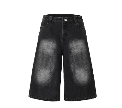 Unisex New Summer Street Loose Straight Wide-Leg Jeans Cropped Short Casual Denim with American Retro Style Hip Hop Wash for Men