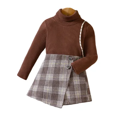 Girls' Autumn and Winter High Neck Knitted Warm Long Sleeve Bottom Shirt Plaid Skirt Trouser Set