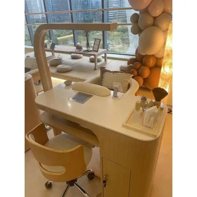 Nordic Style White Marble Top Single Nail Table Modern Solid Wood Led Light Nail Lamp Manicure Table for Sale