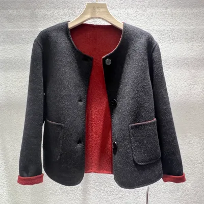Women Cropped Wool Blend Pea Coat Black Short Wool Jacket Coats