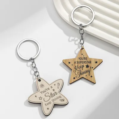 New Wooden Pentagram Keychain Customizable Logo-You're Star Design for Teachers Classmates Promotion Gifts Carabiner Style