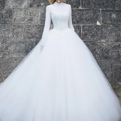 S57   2024 Elegant Bridal Muslim Wedding Dress Customizable High Quality Mermaid Style With Lace Appliques Chapel Train