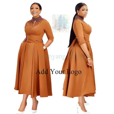 Luxurious Evening Dresses Women Lady Elegant High Neck Beaded A-line African Dress Waist Wrap Formal Dress for Women