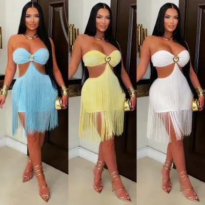 Wholesale Strapless Cutout Fringe Mini Dress Metal Ring Waist Backless Tassel Bodycon Club Party Dress Women Bulk Clothing