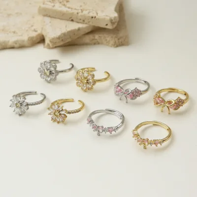 Trendy 18K Gold Plated Adjustable Flower Bowknot Dainty Rings for Women CZ Elegant Korean Style Open Finger Ring Jewelry Gift