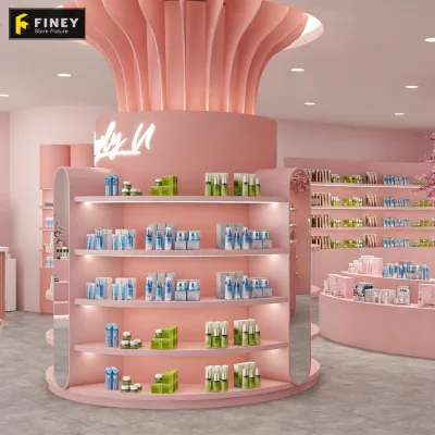 Custom Pink Curved Led Cosmetic Display Shelf, Round Freestand Skincare Retail Rack, Beauty Display Stand for Cosmetic Boutique