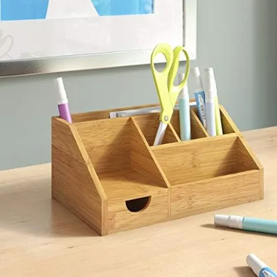 Home Bathroom Office Bamboo Wooden Desk Organize Pens Holder Pen Box Table Storage Organizer with Drawer