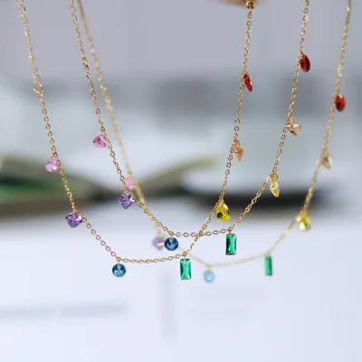 Fashion Rainbow Zircon Link Chain Choker Stainless Steel Turkish Gold Plated Emerald Green Necklace for Girls