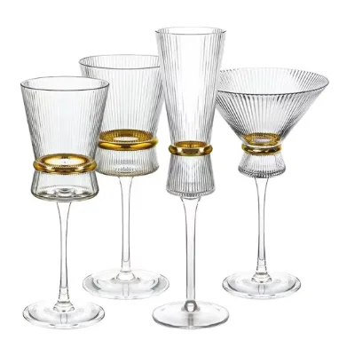 Factory Design Luxury Origami Style Ribbed Wine Glasses Lead-free Crystal Glass Gold Belt Wine Glass