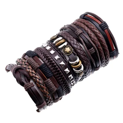 Punk 10-piece Set of Leather Bracelets Fashionable DIY Jewelry Wholesale Handmade Cheap Wrap Bracelet