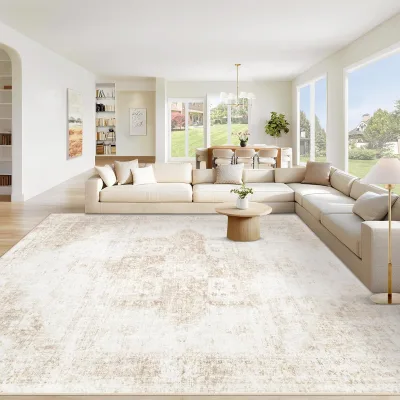 Vintage Boho Medallion Area Rug Modern Flat Woven Washable Non-slip Stain-resistant Soft Low Pile Indoor Polyester 8x10 Beige