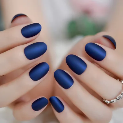 Press on Nails Dark Blue Matte Short Faux Ongles Manicure Acrylic Fingernails Nails Charms