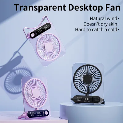 Unique Transparent Design 1.38" Portable Personal Fan 4 Speeds 2000mAh Rechargeable USB Ultra-Slim Desk Fan for Travel Office