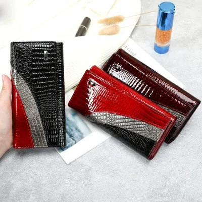 Fashion Genuine Leather Long China Model 137698 High-end Multifunctional Clutch Color-blocking Large Capacity Phone Polyester