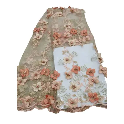 Exquisite High-end 3D Embroidery Nail Bead Thread Embroidered Fabric for Evening Dress Lace Embroidery Wedding Pearl Lace