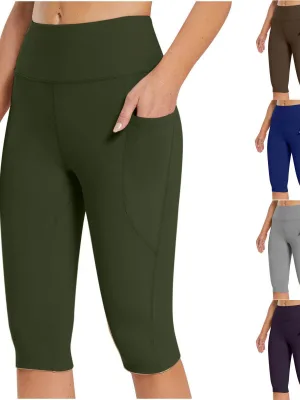 OEM Womens High Waist Yoga Capri Pants Solid Color Pocket Stretch Fitness Leggings Casual Summer Workout Running Women Trousers