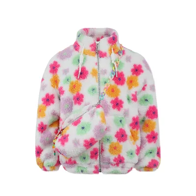 Customizable Stylish Fleece Jacket Girls Vivid Flower Pattern Adjustable Hood Trendy Chain Girls Jacket