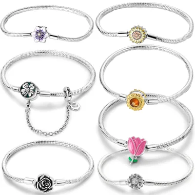 DIY Trendy Four Leaf Clover Snake Chain Silver Plated Bracelet with Safety Chain Flower Design for Women Gift