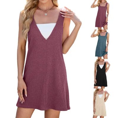 2025 Trending Product Causal Dress Solid V-neck square Neck Reversible Sleeveless Fashion Loose Causal Dress