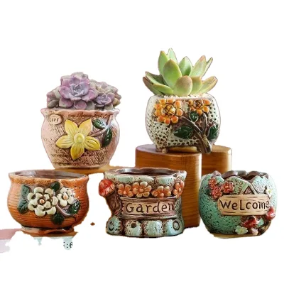 HY2 style hand-painted succulent ceramic pot, vintage rough pottery creative planter