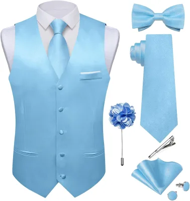 Mens Satin Suit Vest and Tie Set 8PCS Solid Waistcoat and Bowtie with Lapel Pin for Tuxedo Dress Vest Wedding Formal