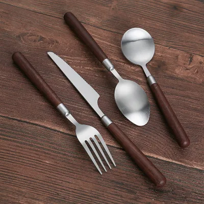 Matte Silver Stainless Steel Cutlery With Wooden Handle Reusable Dinner Utensils Wedding Gift