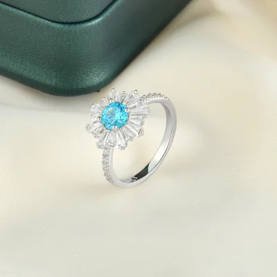 925 Sterling Silver Sunflower Ring Round Blue Cubic Zirconia Halo Baguette CZ Pave Band Ring Women Engagement Party Fine Jewelry